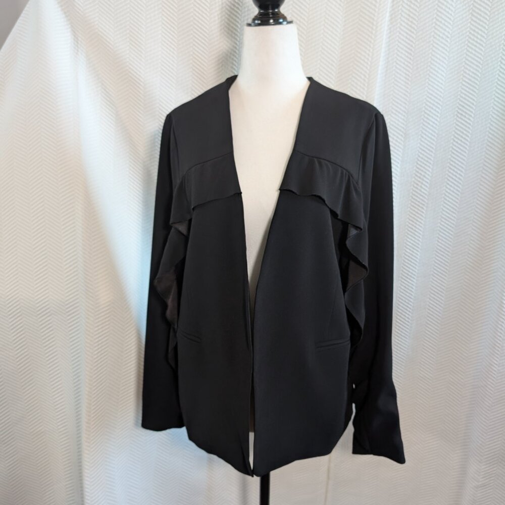 Drew Black Open Front Blazer Ruffle Trim Jacket Medium Feminine Tailoring Office